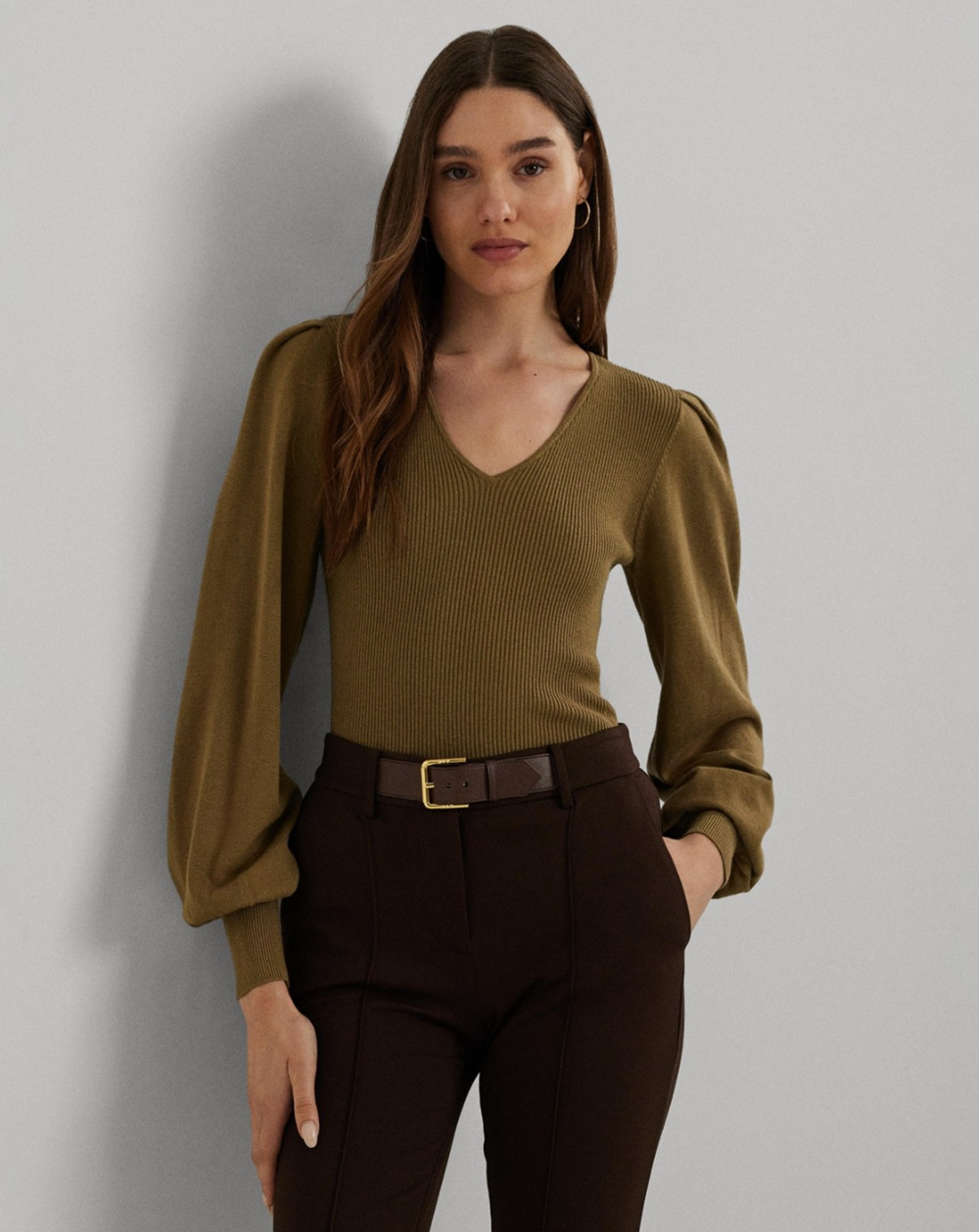 Lauren Ralph Lauren Women Blouson Sleeve Sweater Honey Tan Size L